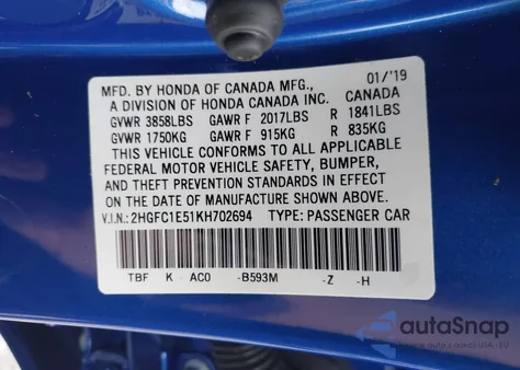2019 Honda Civic Si z USA, uszkodzony, nr VIN 2HGFC1E51KH702694